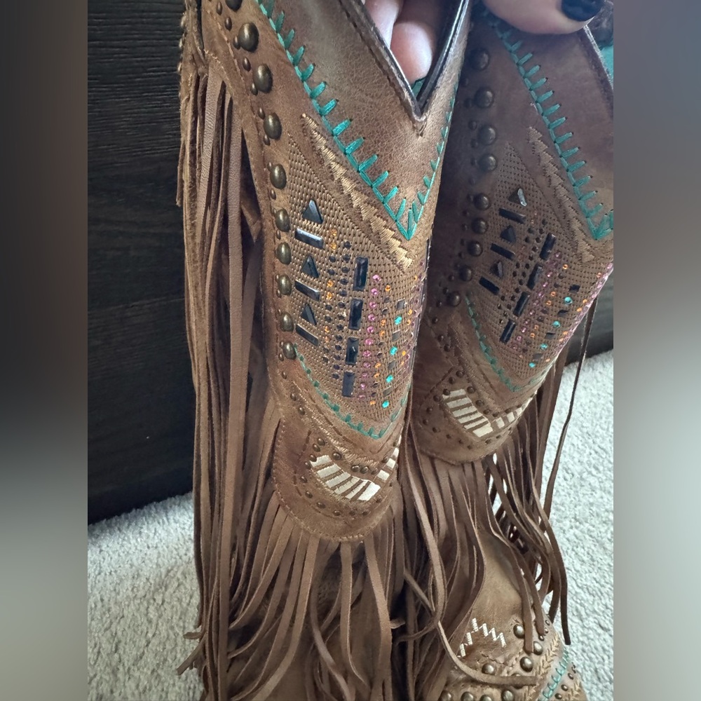 Embroidered Fringe Tan Heeled Boots